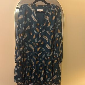 LOFT Teal Feather Patterned Dress